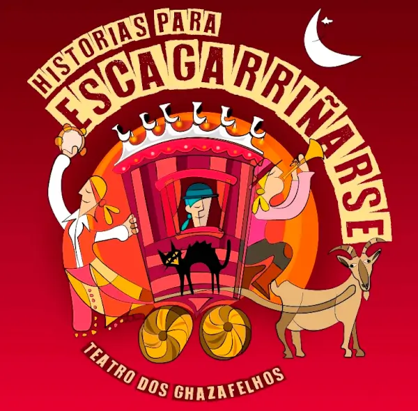 Actores de Ghazafelhos en un espectáculo de teatro de calle, con vestuario colorido y elementos escénicos, interactuando con el público.