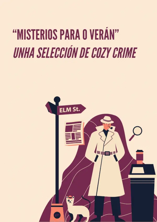 Estantería de libros con la señalización de la exposición 'Misterios para el Verano: Cozy Crime' en la Biblioteca Pública Ánxel Casal, con varios títulos destacados.