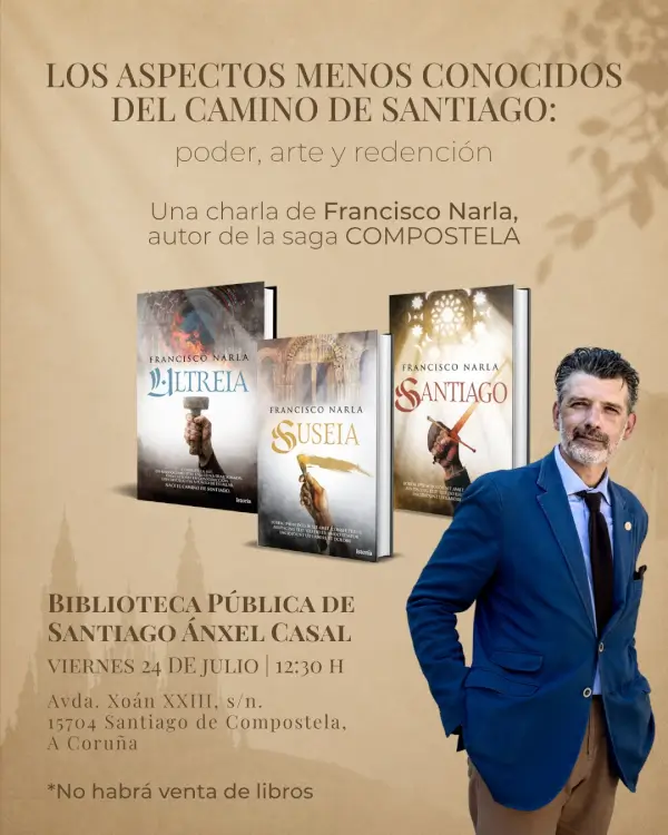 El escritor Francisco Narla dando una charla sobre el Camino de Santiago en una biblioteca.